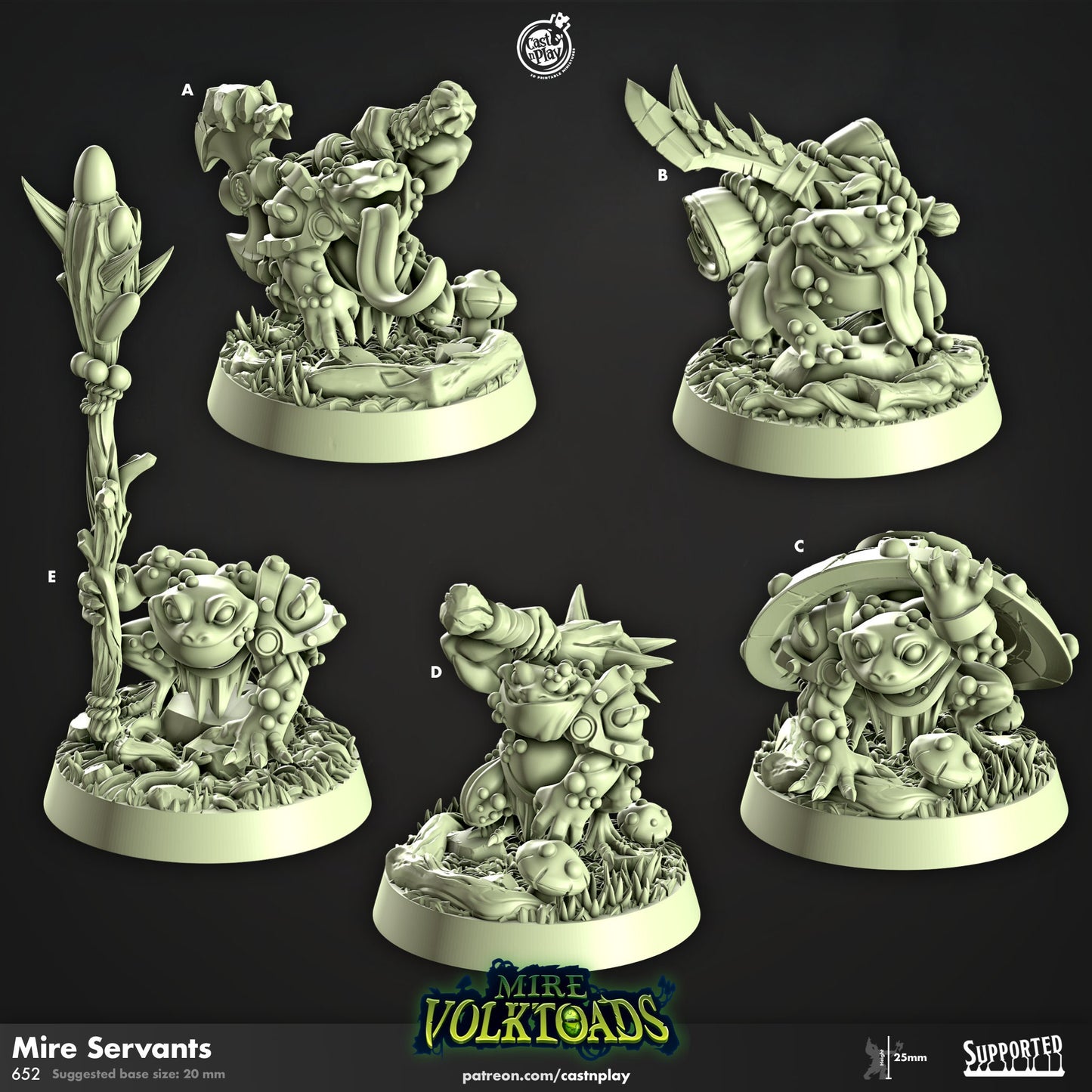 Mire Volk Toads | Warrior/Banner Bearer/Skirmisher | CastnPlay | Compatible with D&D/AoS | Fantasy | Tabletop RPG