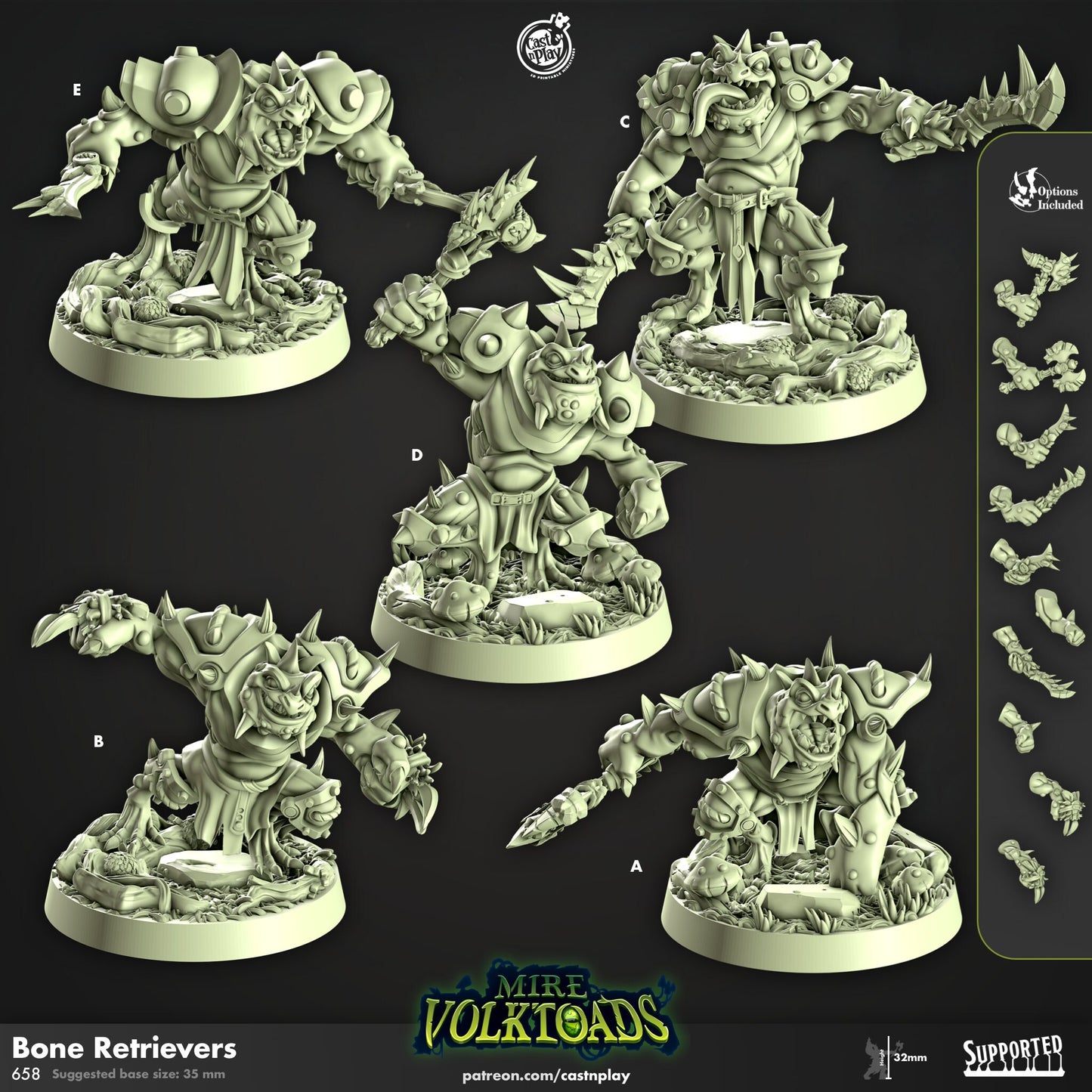 Mire Volk Toads | Warrior/Banner Bearer/Skirmisher | CastnPlay | Compatible with D&D/AoS | Fantasy | Tabletop RPG