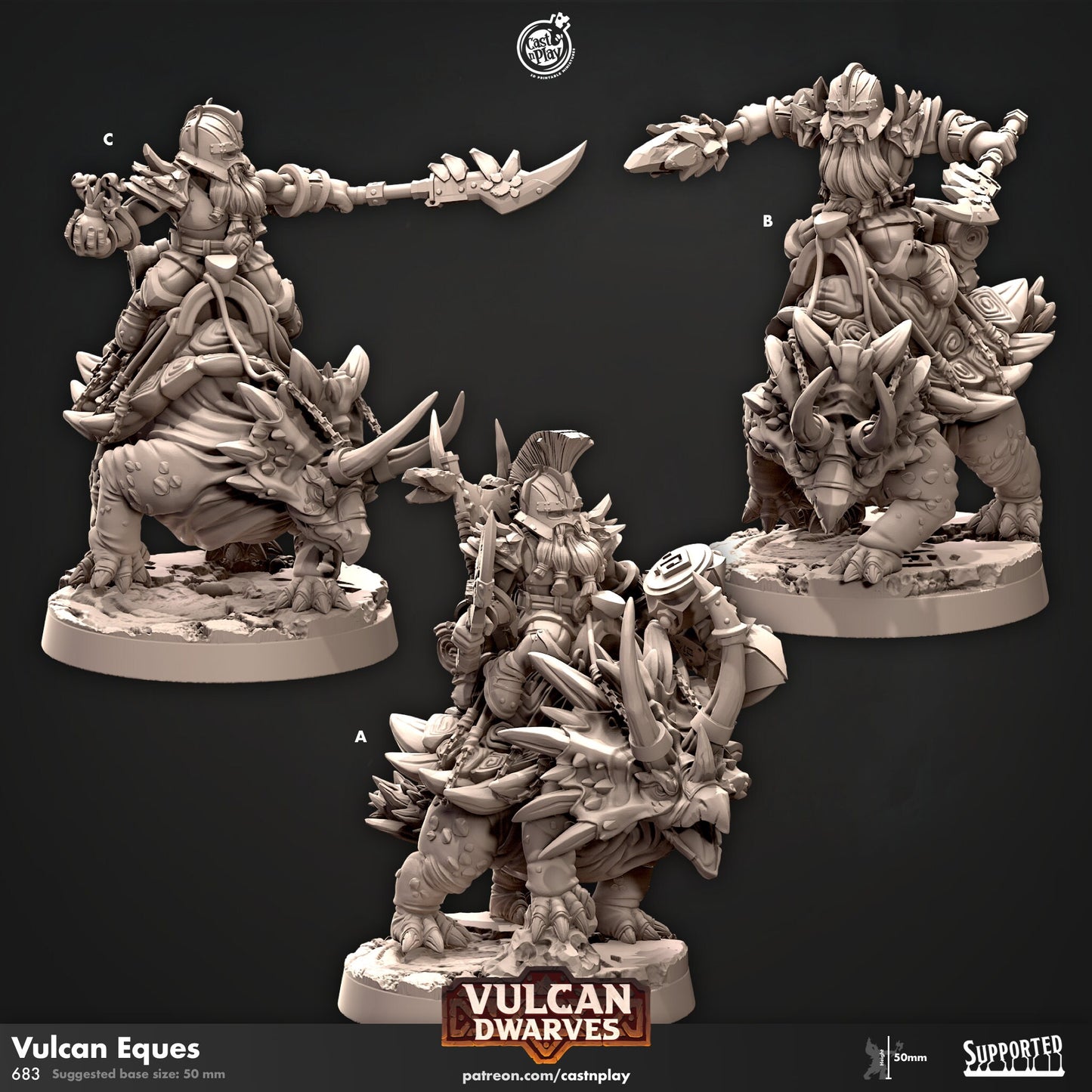 Dwarf Rider Vulcan Eques Miniatures | Dinosaur Riders | CastnPlay | Compatible with D&D/AoS | Fantasy