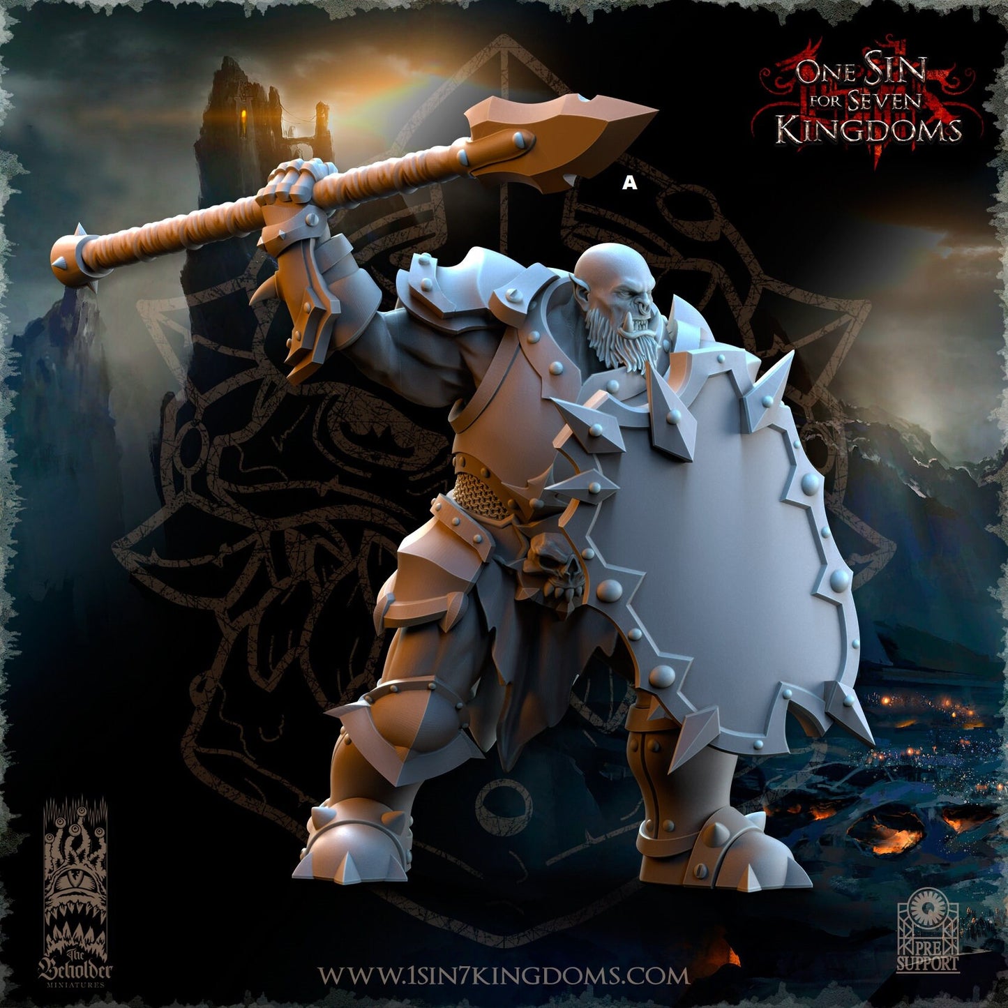 Black Orc Warrior Spear and Shield | The Beholder Miniatures | Compatible with D&D/AoS | Fantasy | Tabletop RPG