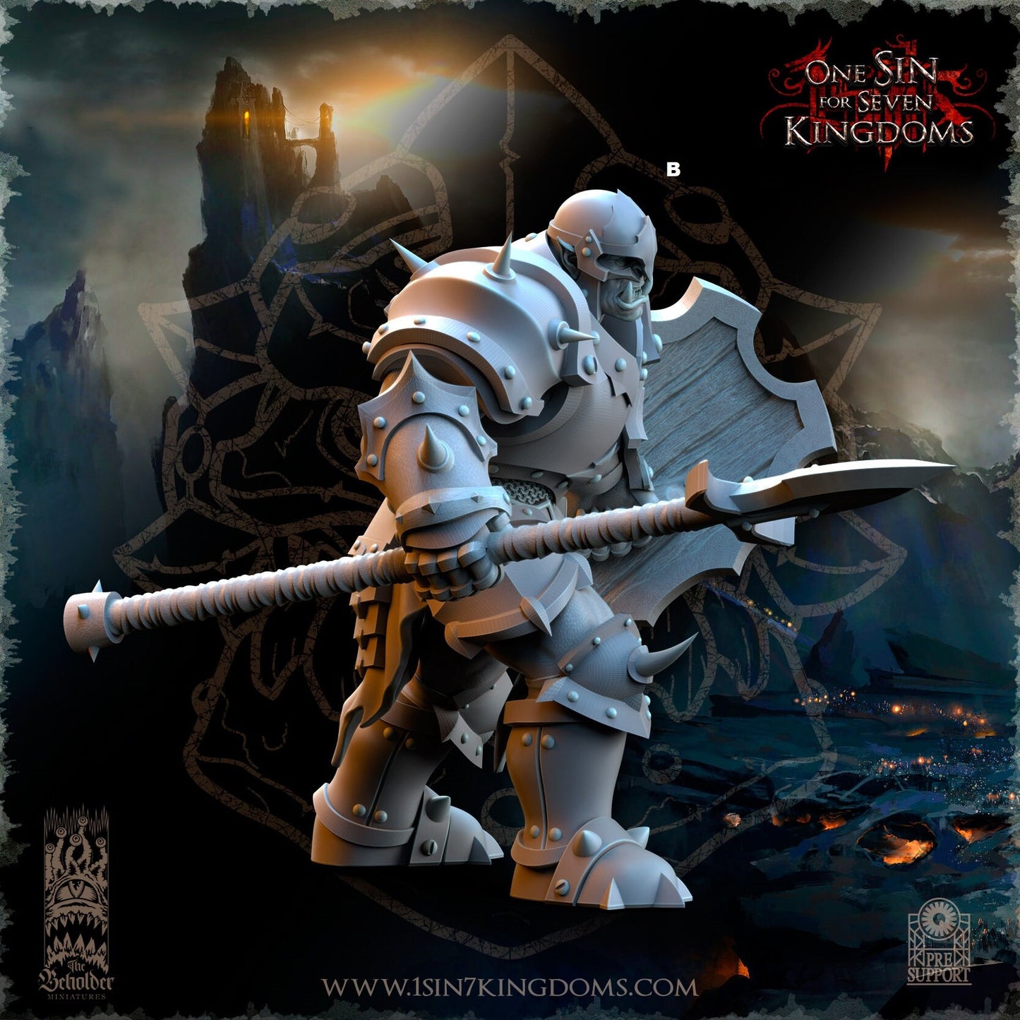 Black Orc Warrior Spear and Shield | The Beholder Miniatures | Compatible with D&D/AoS | Fantasy | Tabletop RPG