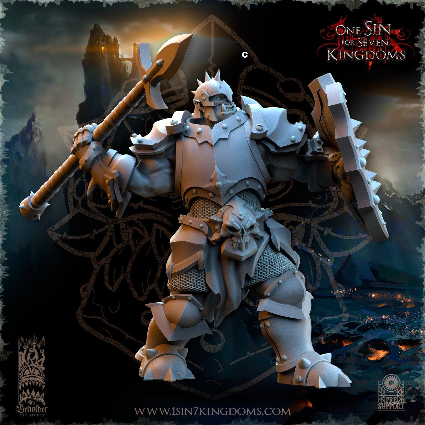 Black Orc Warrior Spear and Shield | The Beholder Miniatures | Compatible with D&D/AoS | Fantasy | Tabletop RPG
