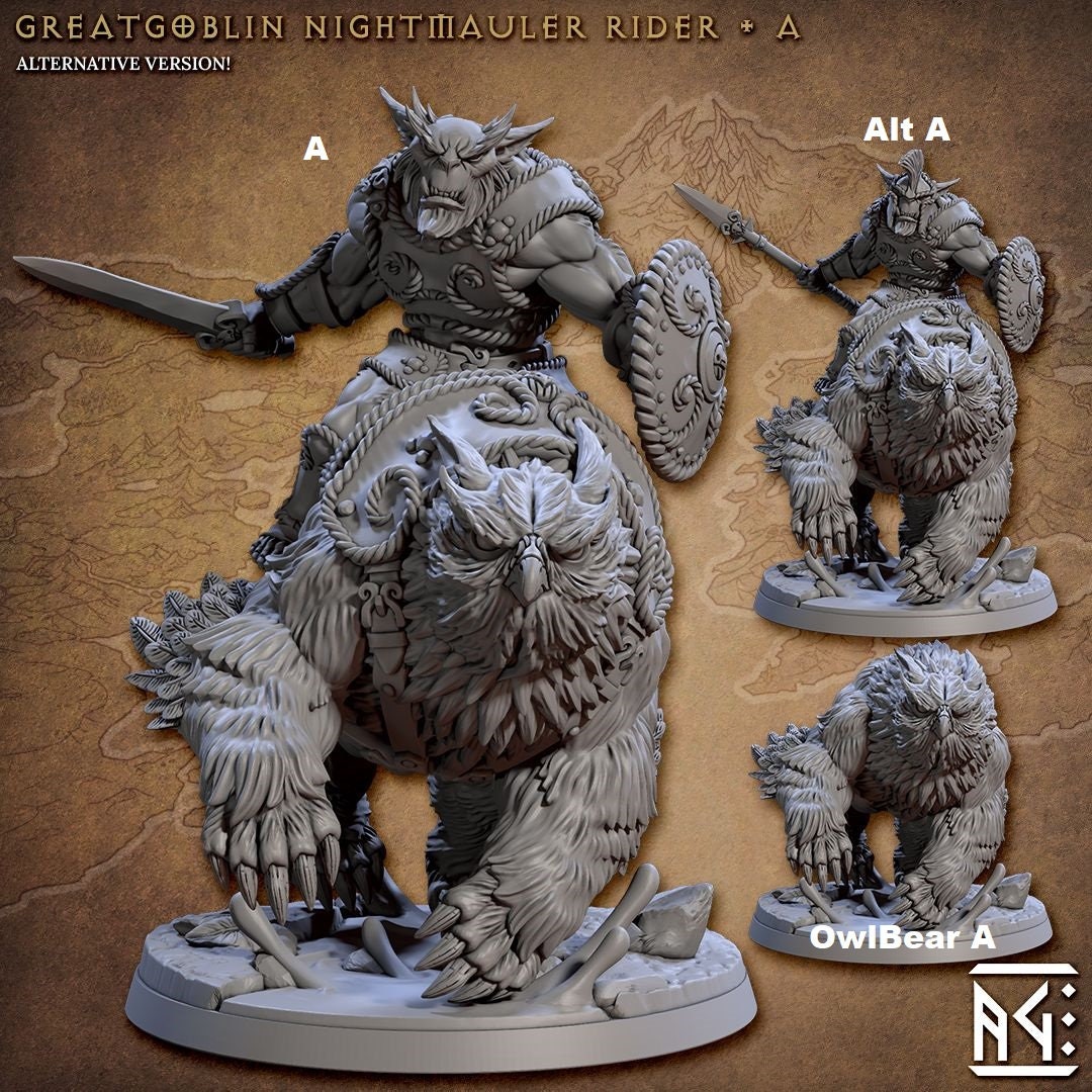 BugBear Warrior Mounted OwlBear | Artisan Guild Miniatures | Compatible with D&D/AoS | Fantasy | Tabletop RPG