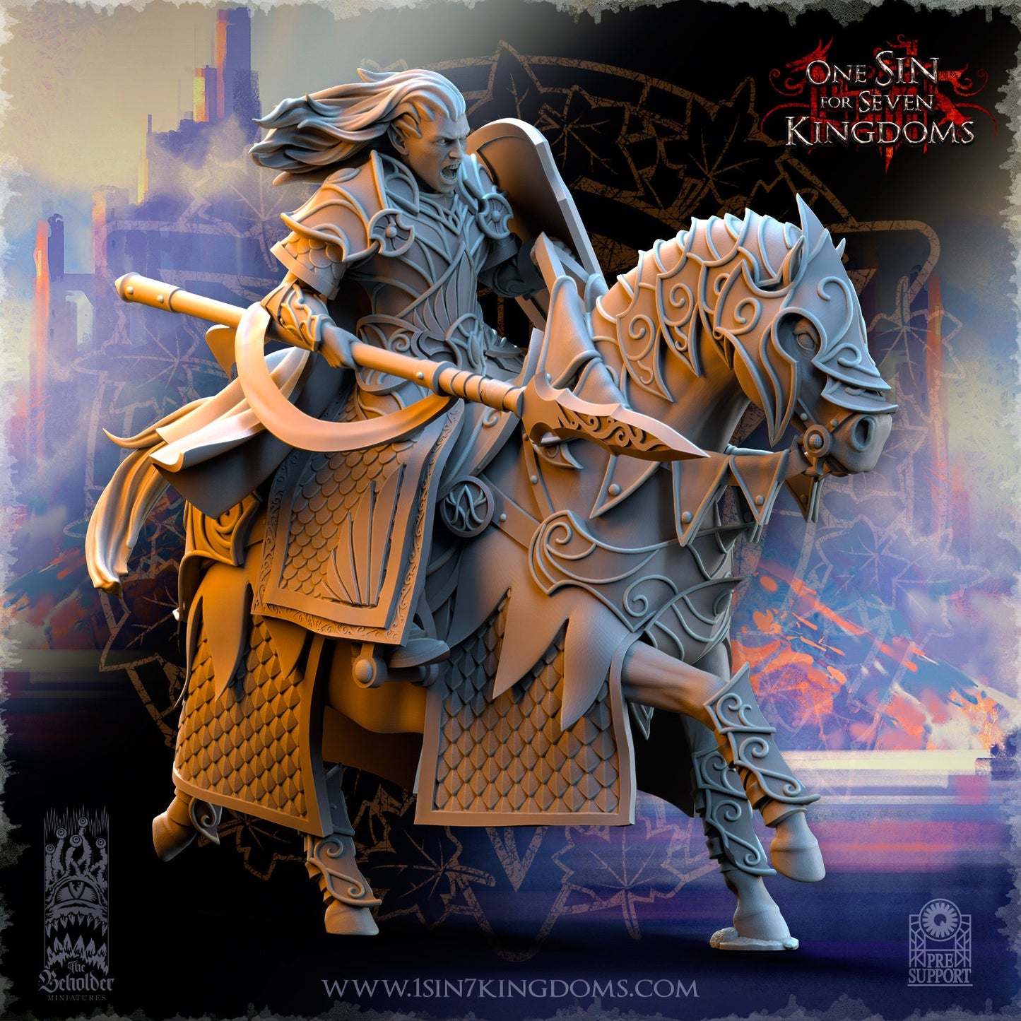 SilverMoor Elf Commander Polomhir on Horse | The Beholder Miniatures | Compatible with D&D/AoS | Fantasy | Tabletop RPG