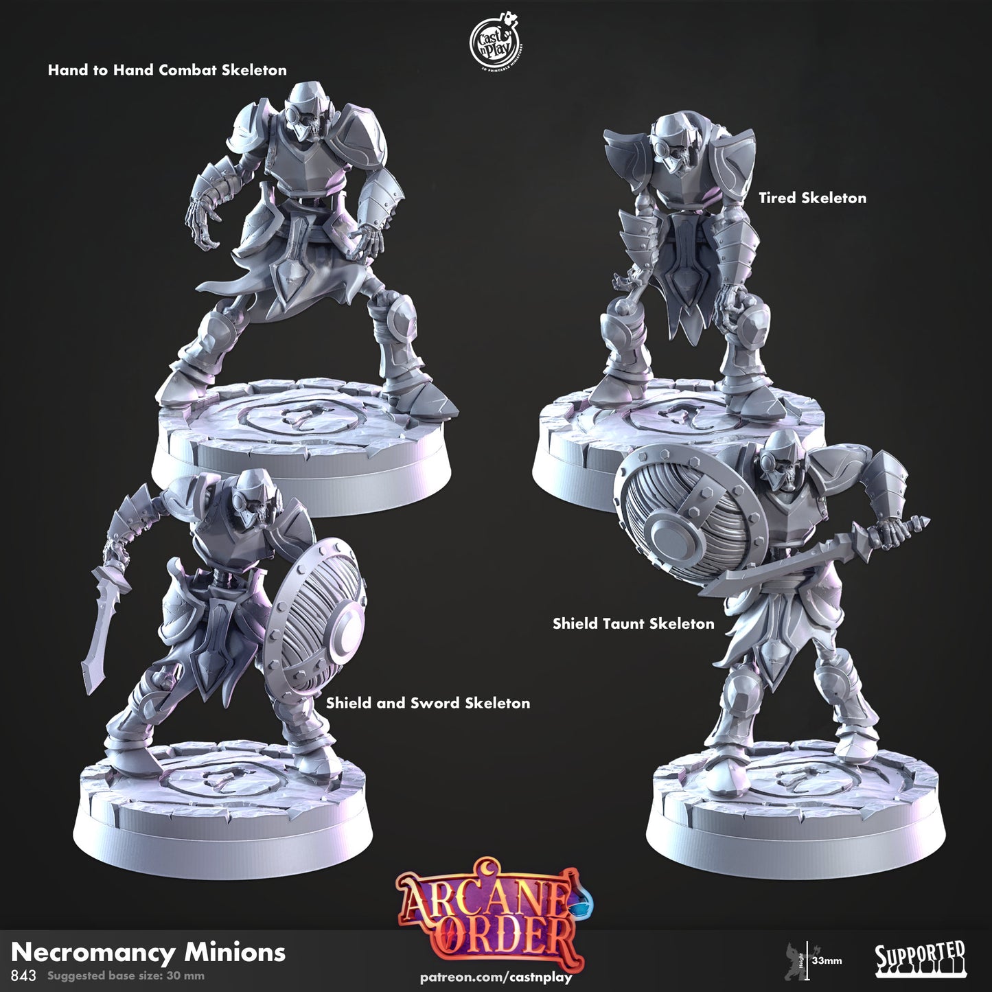 a set of three miniature figurines on a black background