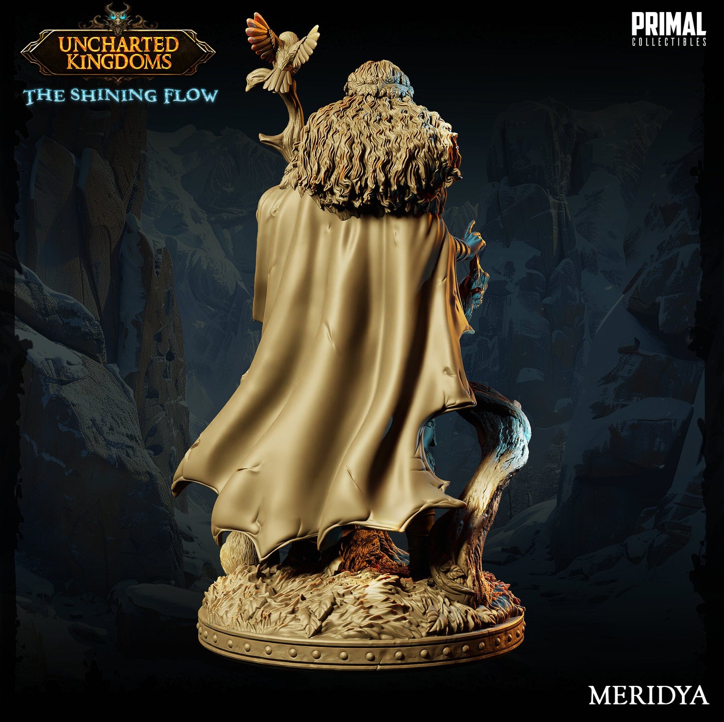 a statue of a wizard with a bird on his shoulder