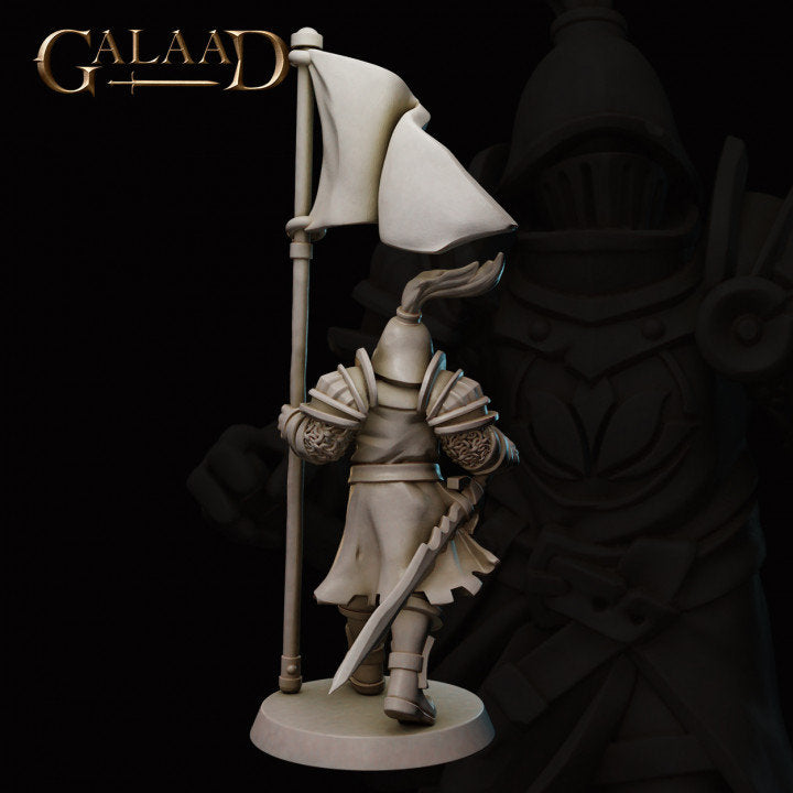 a statue of a knight holding a flag