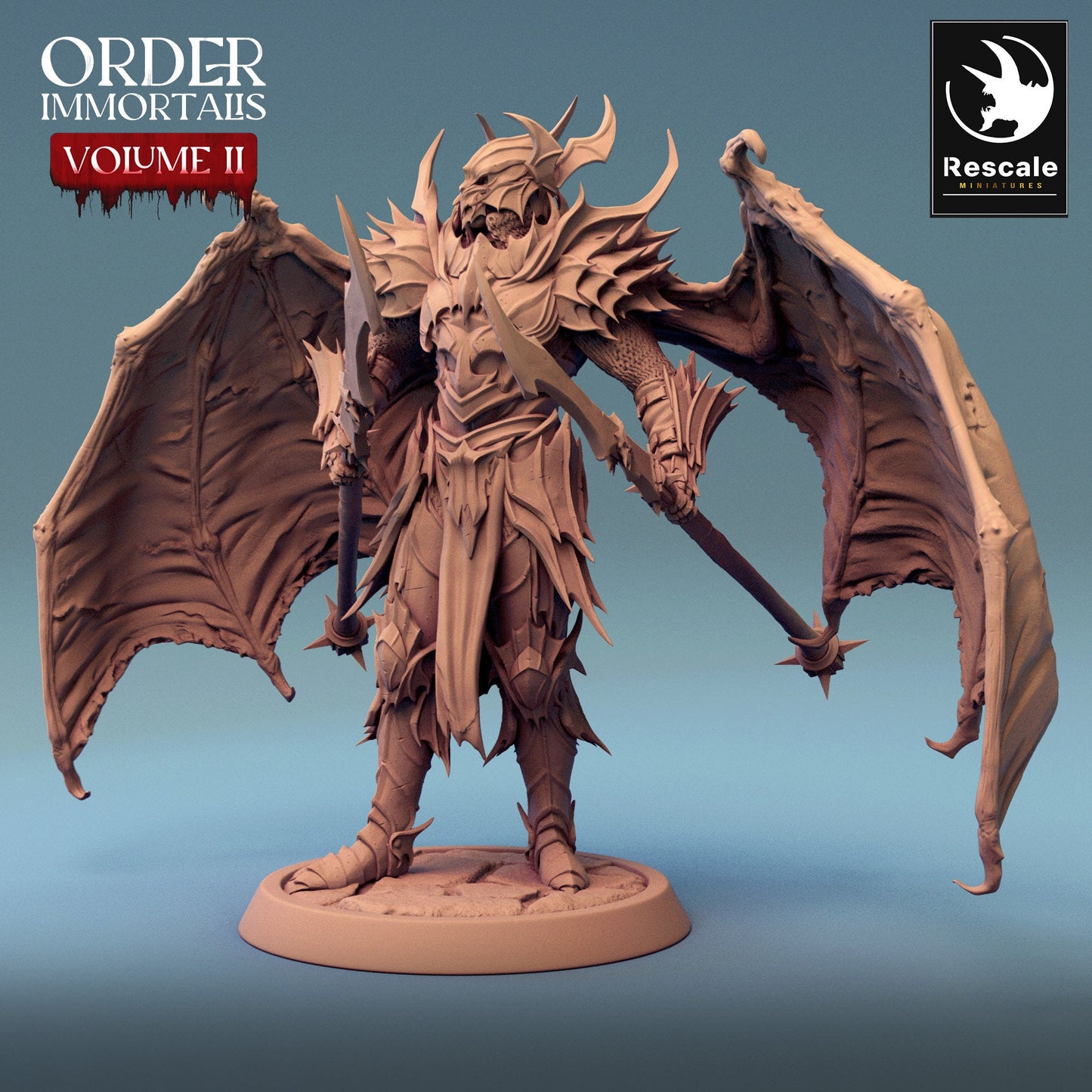 Immortalis Draven Full Armor Stand with Dual Lances and Wings | Rescale Miniatures | Compatible with D&D/AoS | Fantasy | Tabletop RPG