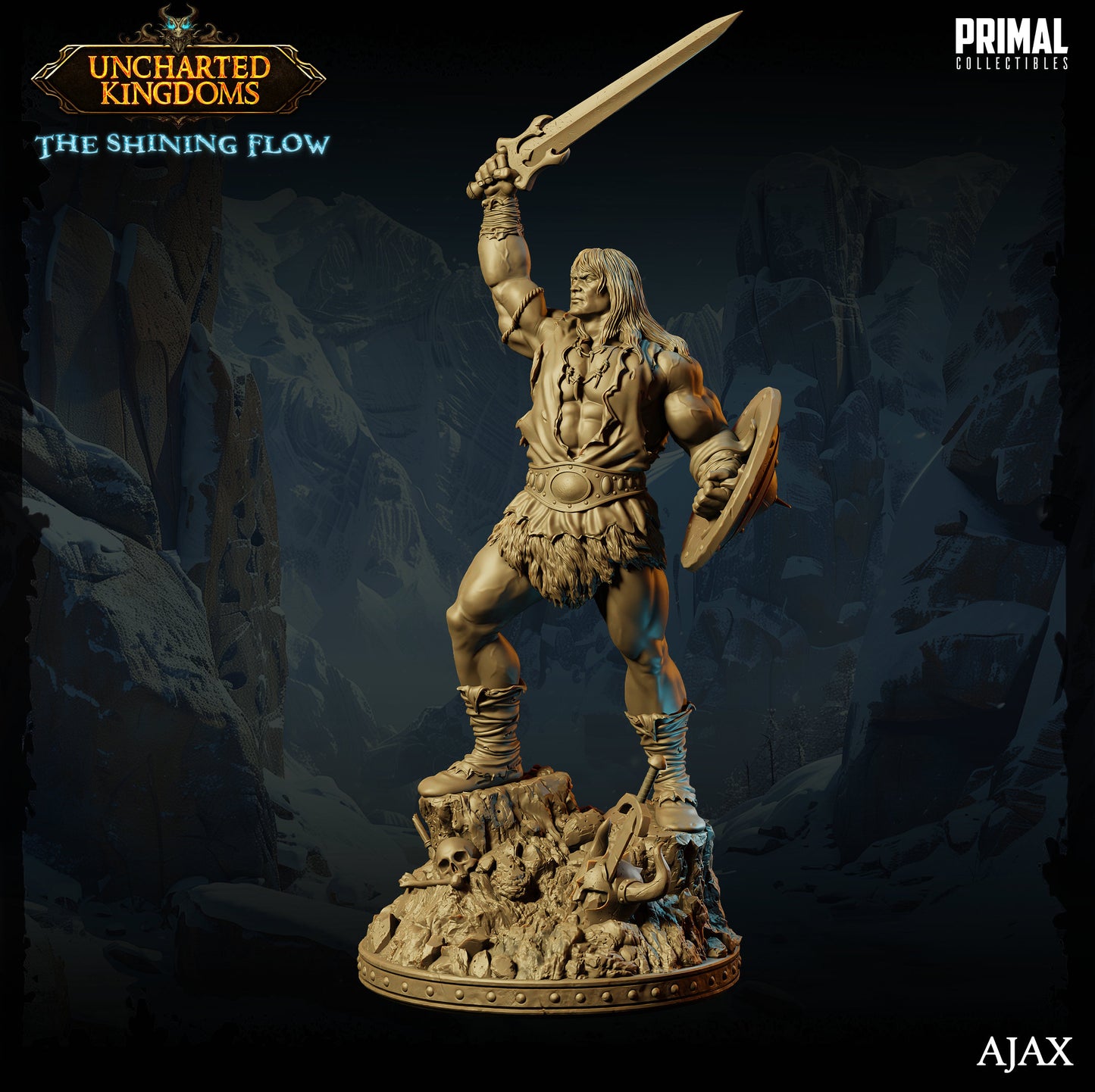 a statue of a man holding a sword and shield