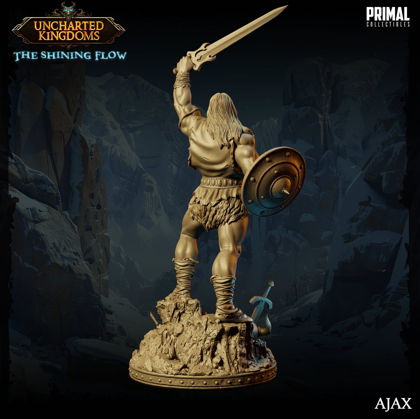 a statue of a man holding a sword and shield
