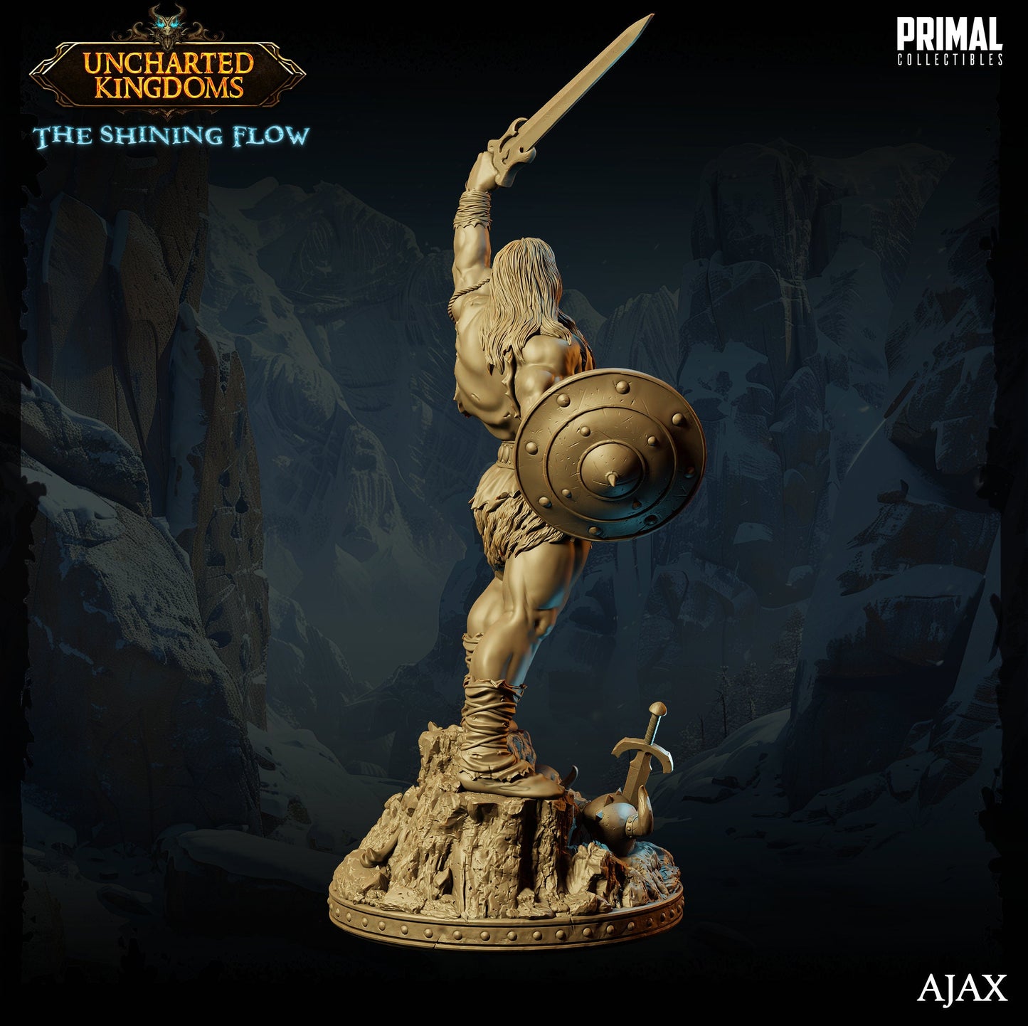 a statue of a man holding a sword on top of a rock