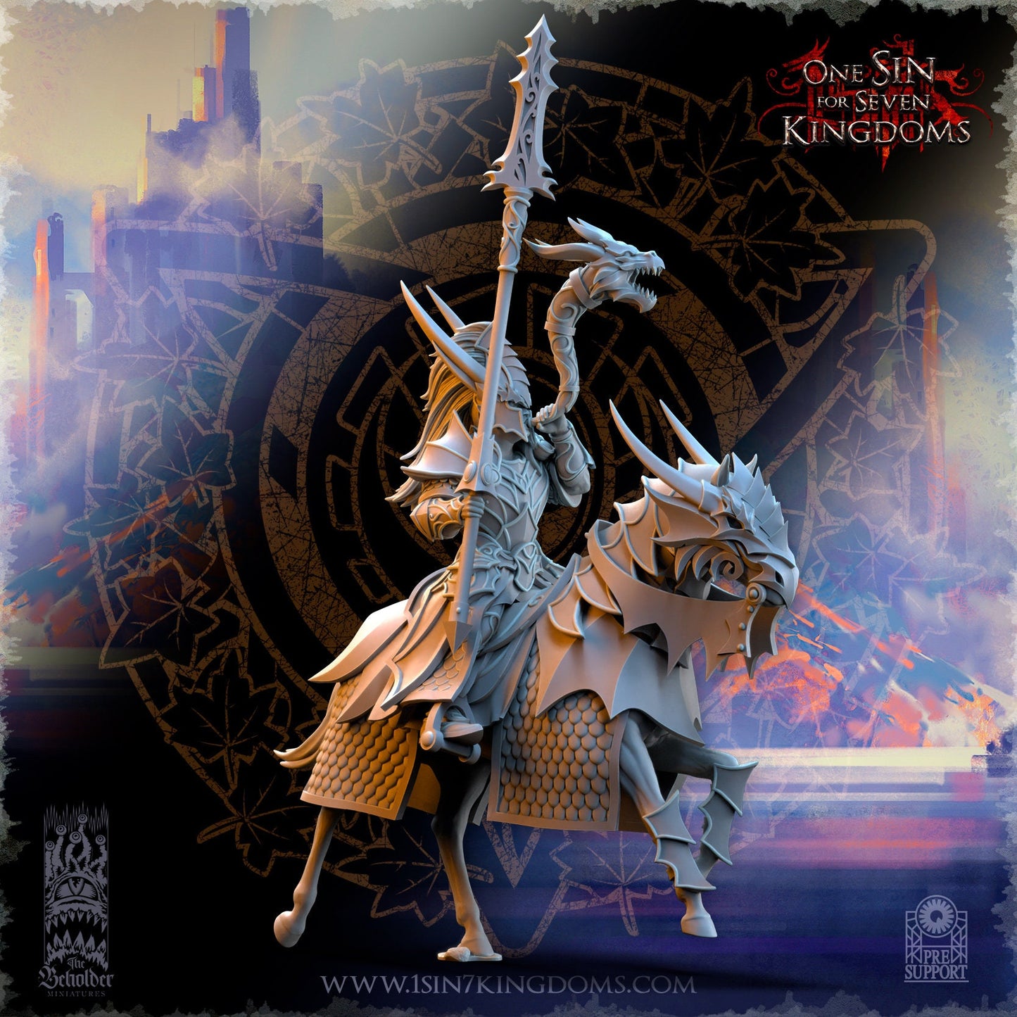 Silvermoor Elf Dragon-born Knight Command Group | The Beholder Miniatures | Compatible with D&D/AoS | Fantasy | Tabletop RPG