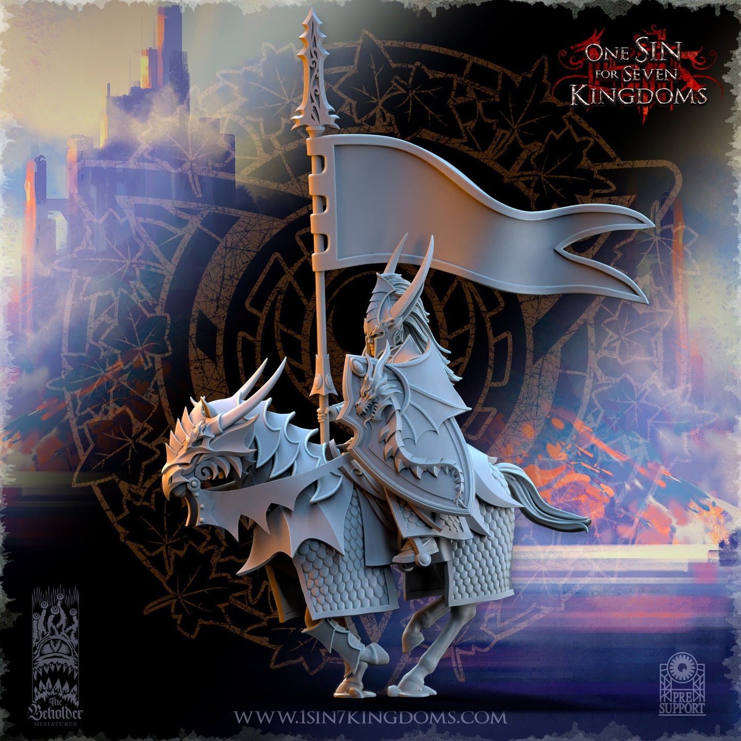 Silvermoor Elf Dragon-born Knight Command Group | The Beholder Miniatures | Compatible with D&D/AoS | Fantasy | Tabletop RPG