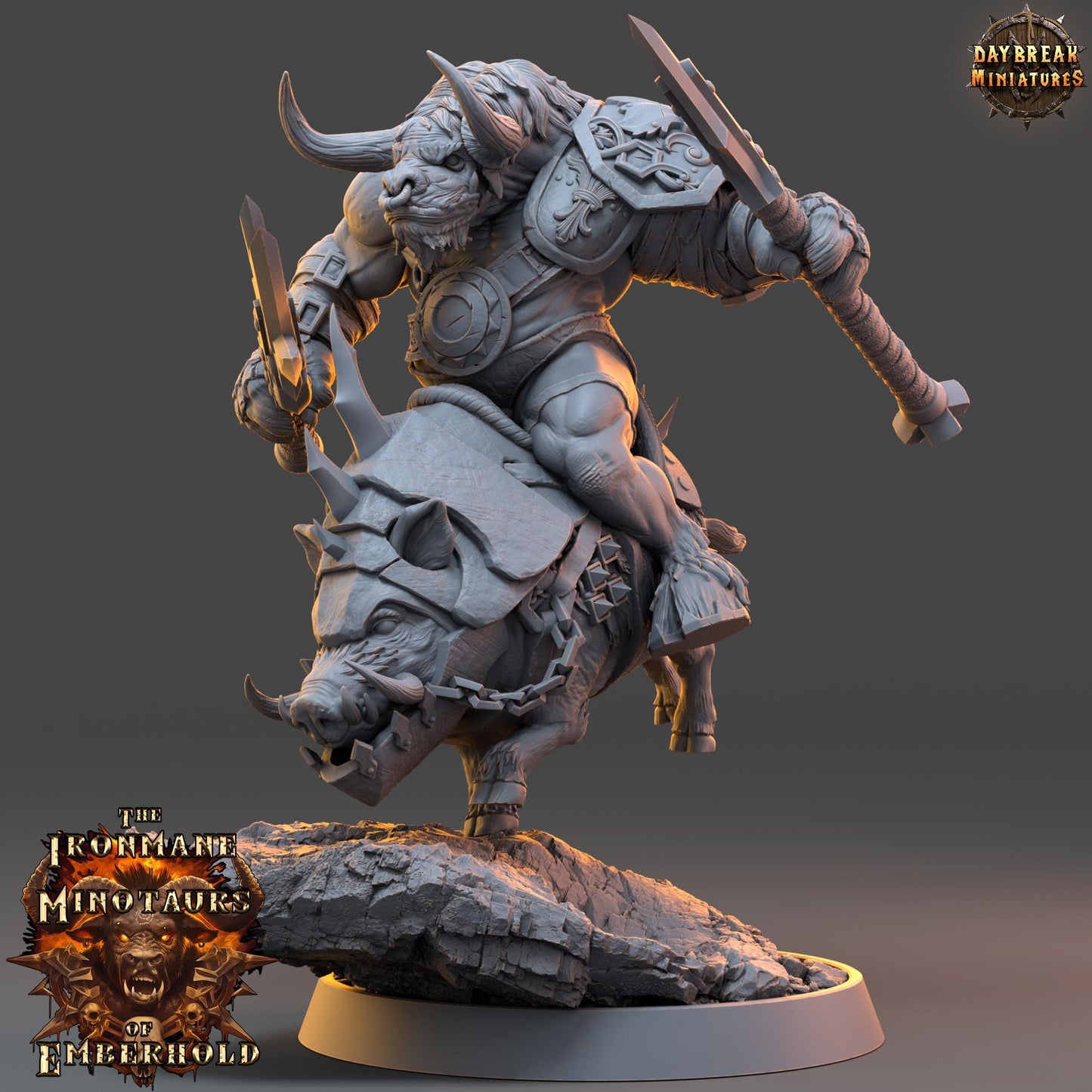 Minotaur Fighter on Boar Torvak | DayBreak Miniatures | Two Handed Weapons | Compatible with D&D/AOS | Fantasy | Tabletop RPG