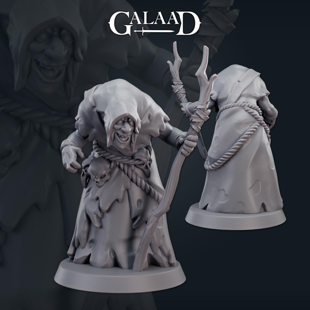 Female Crone Witch with Wooden Staff | Galaad Miniatures | Compatible with D&D/AoS | Fantasy | Tabletop RPG