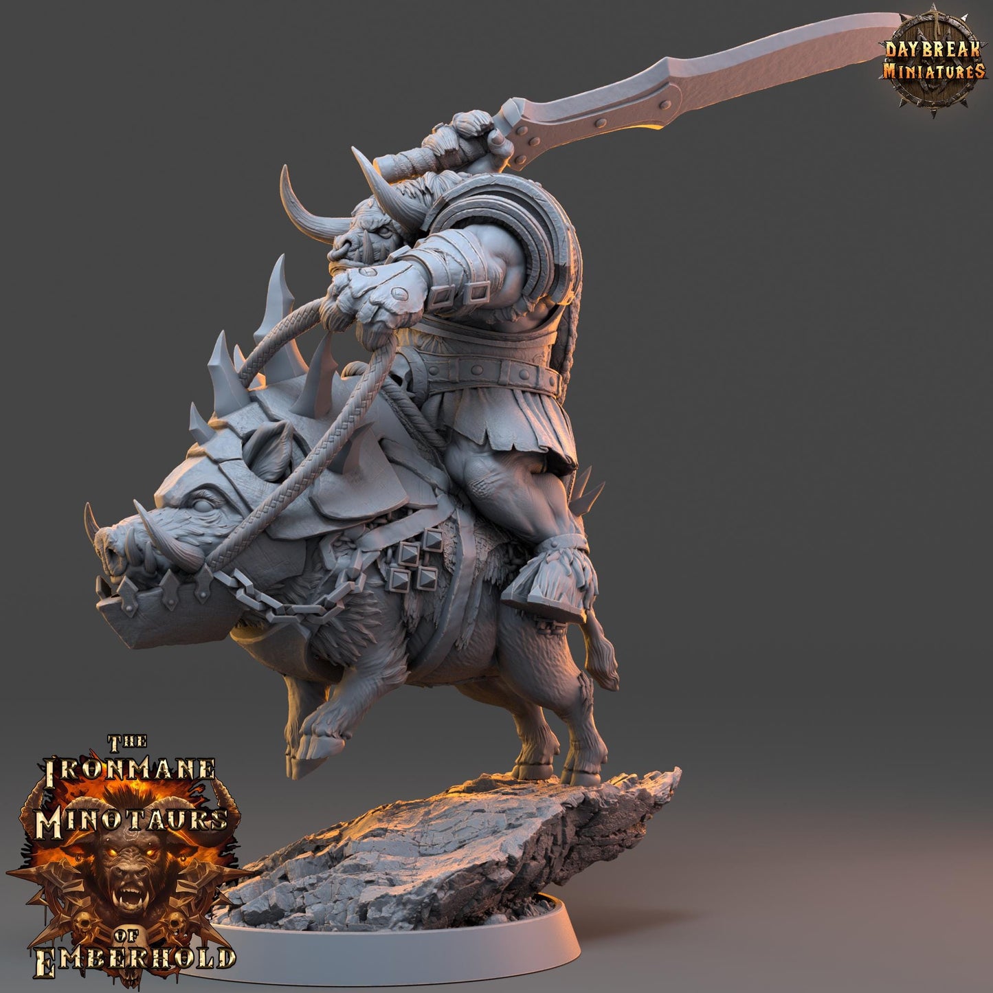 Minotaur Warrior on Boar Larnak | DayBreak Miniatures | Two Handed Weapons | Compatible with D&D/AOS | Fantasy | Tabletop RPG