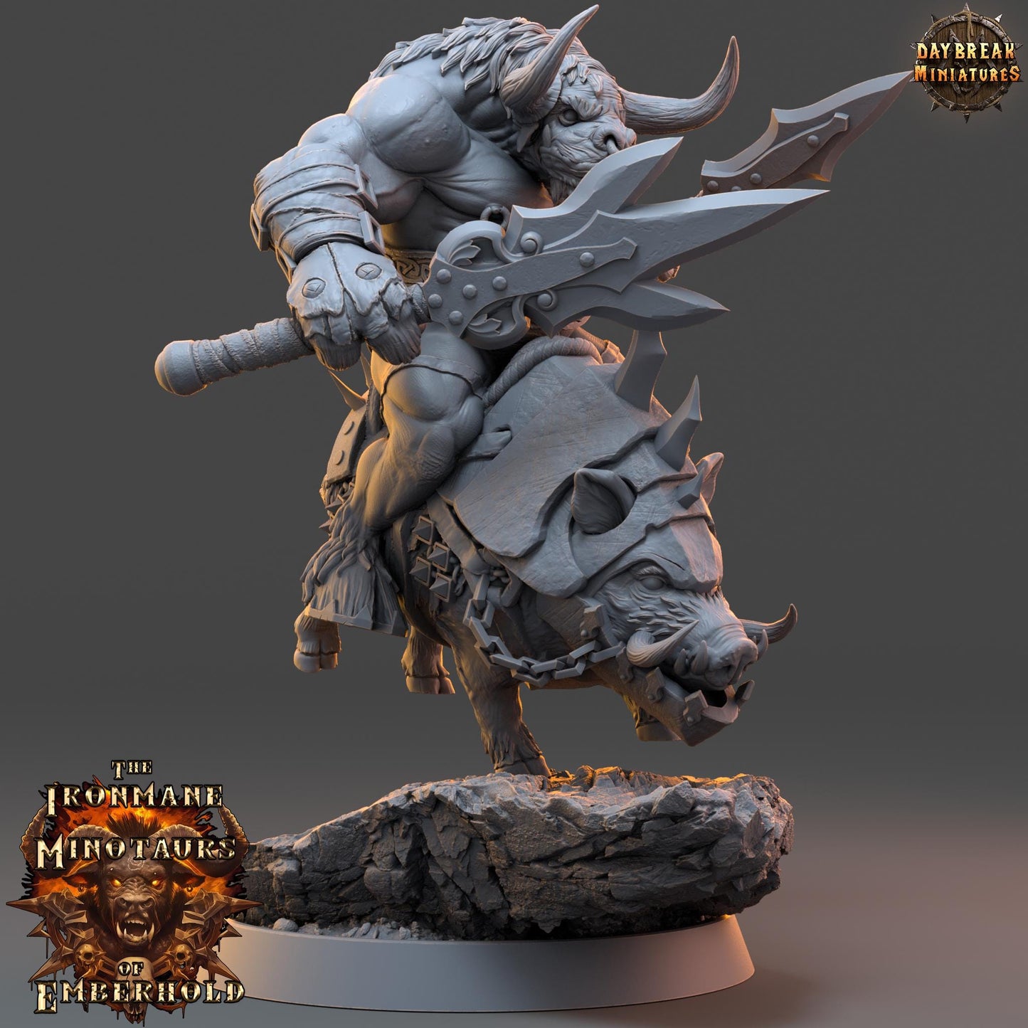 Minotaur Fighter on Boar Torvak | DayBreak Miniatures | Two Handed Weapons | Compatible with D&D/AOS | Fantasy | Tabletop RPG