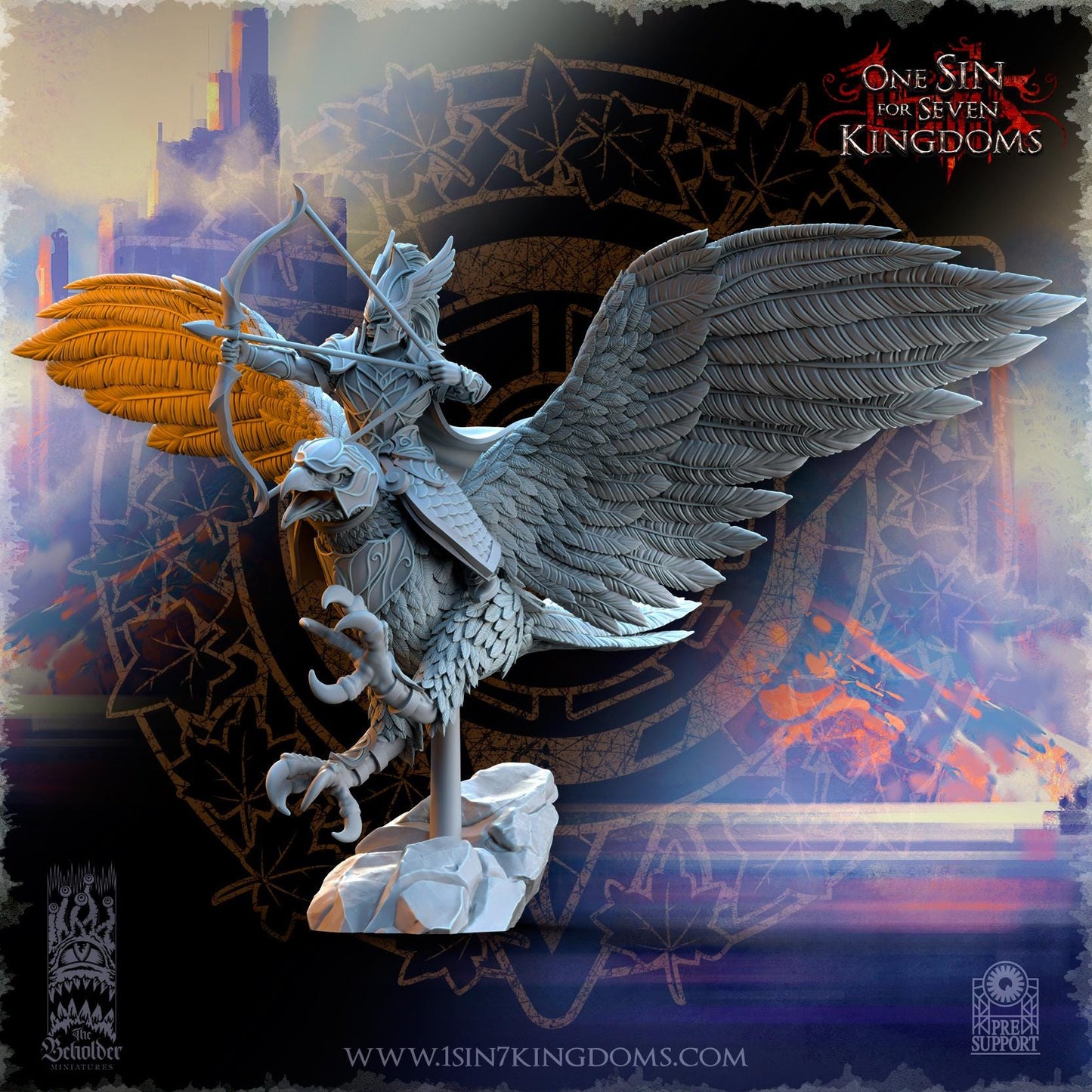 SilverMoor Elf Glorindel on King Eagle with Bow | The Beholder Miniatures | Compatible with D&D/AoS | Fantasy | Tabletop RPG