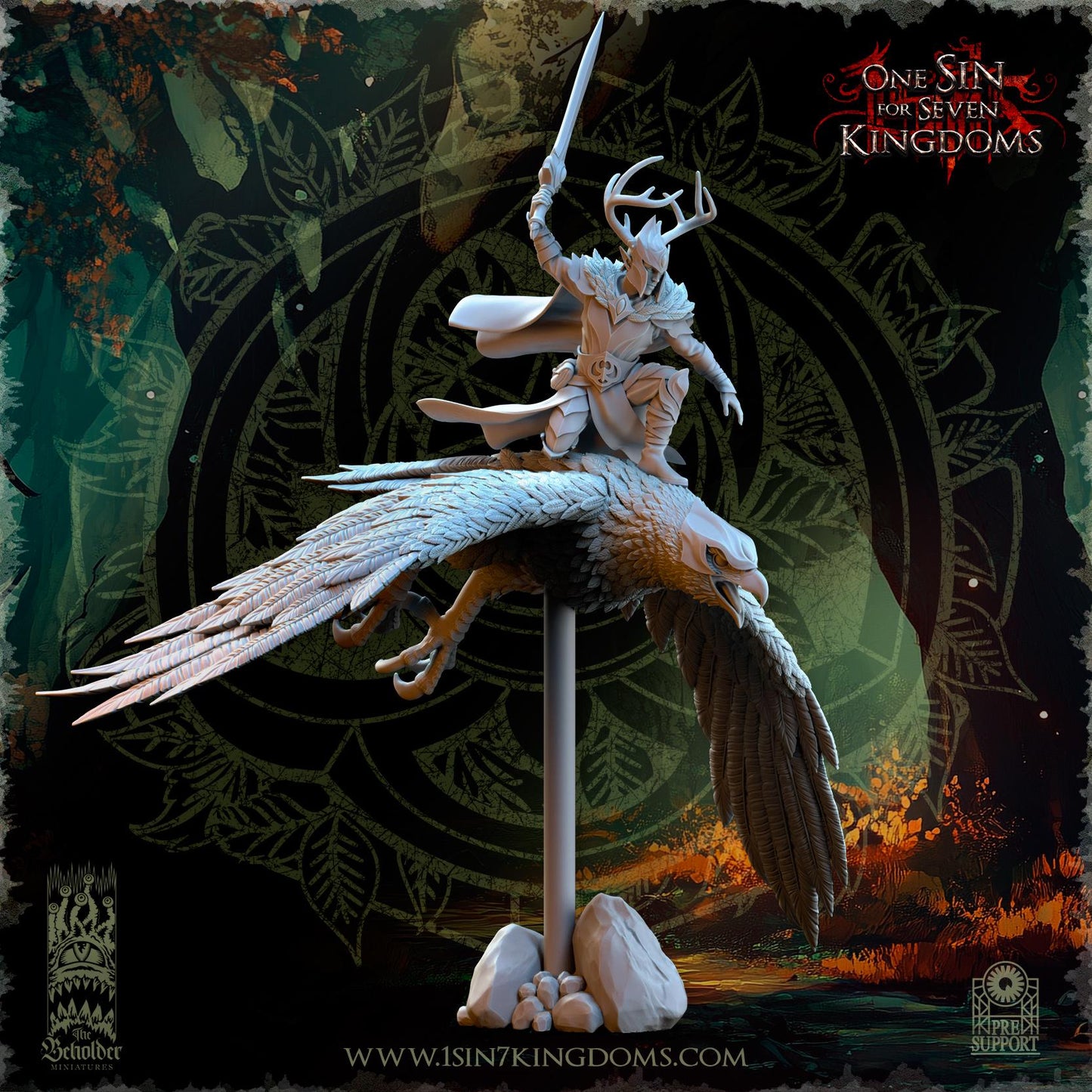 Evergreen Elves Commander Faelar on Giant Eagle | The Beholder Miniatures | Compatible with D&D/AoS | Fantasy | Tabletop RPG