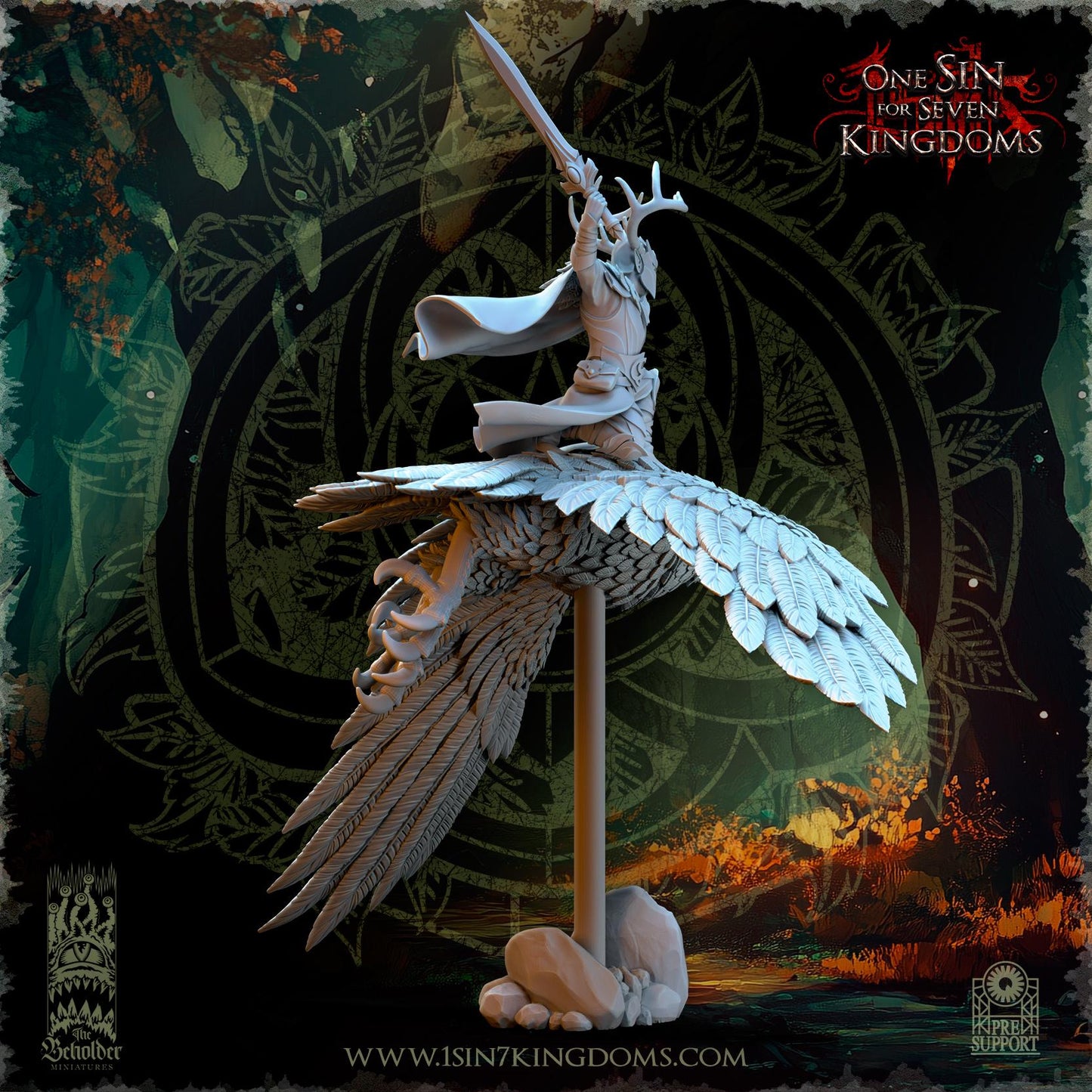 Evergreen Elves Commander Faelar on Giant Eagle | The Beholder Miniatures | Compatible with D&D/AoS | Fantasy | Tabletop RPG