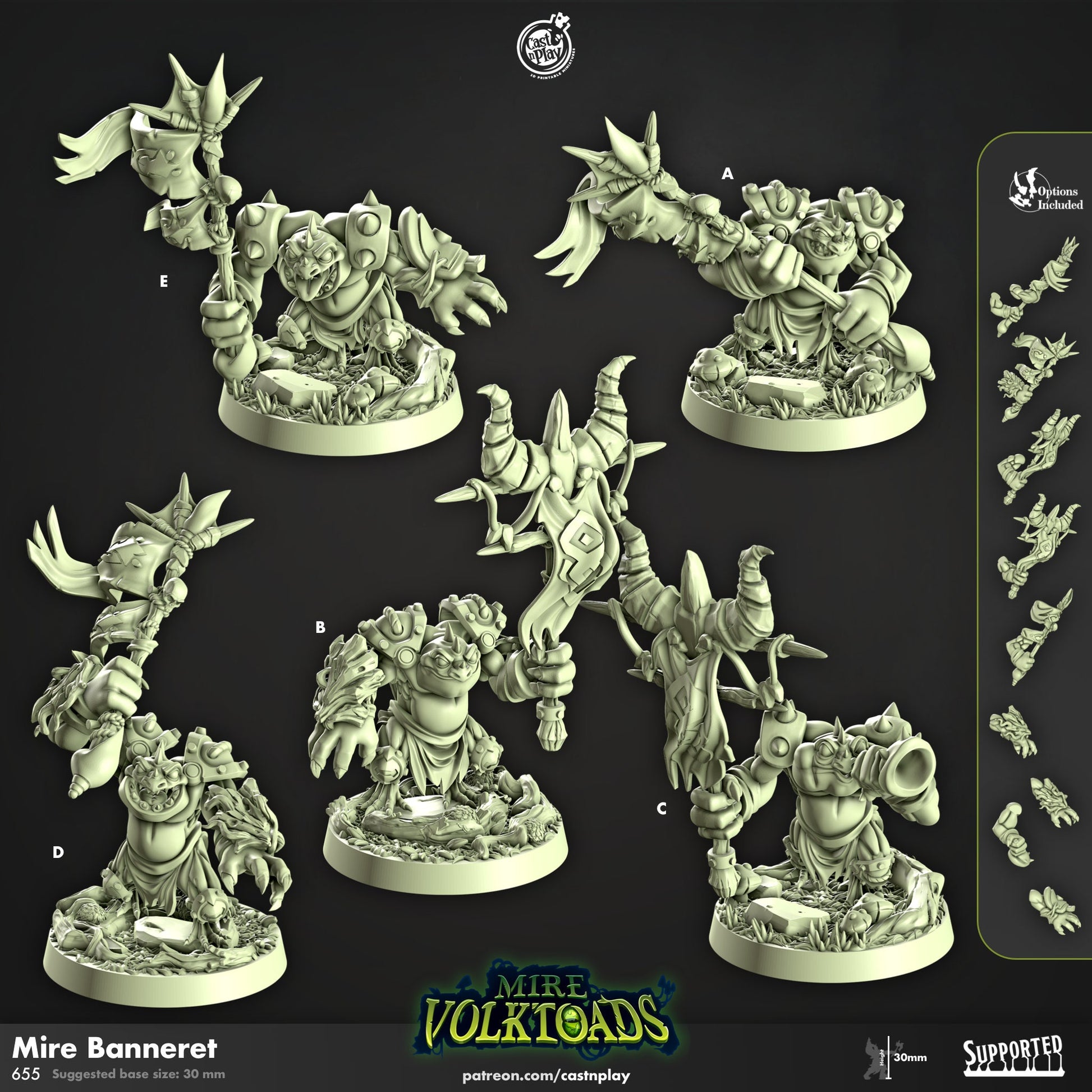 Mire Volk Toads | Warrior/Banner Bearer/Skirmisher | CastnPlay | Compatible with D&D/AoS | Fantasy | Tabletop RPG