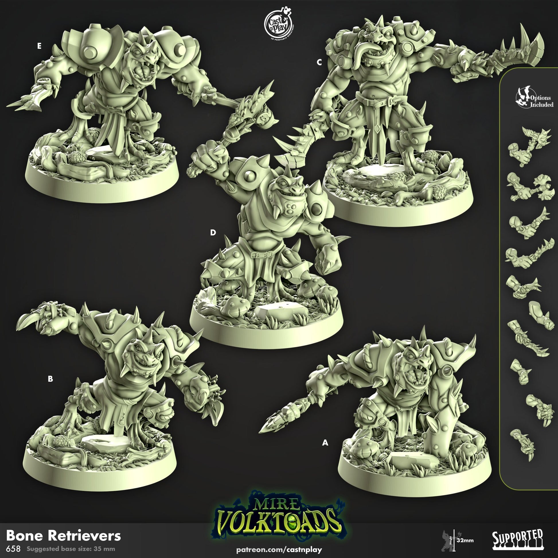 Mire Volk Toads | Warrior/Banner Bearer/Skirmisher | CastnPlay | Compatible with D&D/AoS | Fantasy | Tabletop RPG