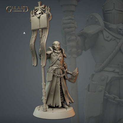 Priest Warrior Banner Bearer | Galaad Miniatures | Compatible with D&D/AoS | Fantasy | Tabletop RPG