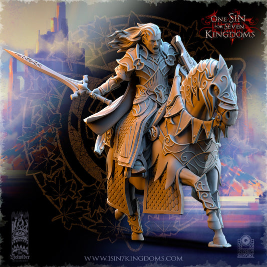 SilverMoor Elf Commander Polomhir on Horse | The Beholder Miniatures | Compatible with D&D/AoS | Fantasy | Tabletop RPG