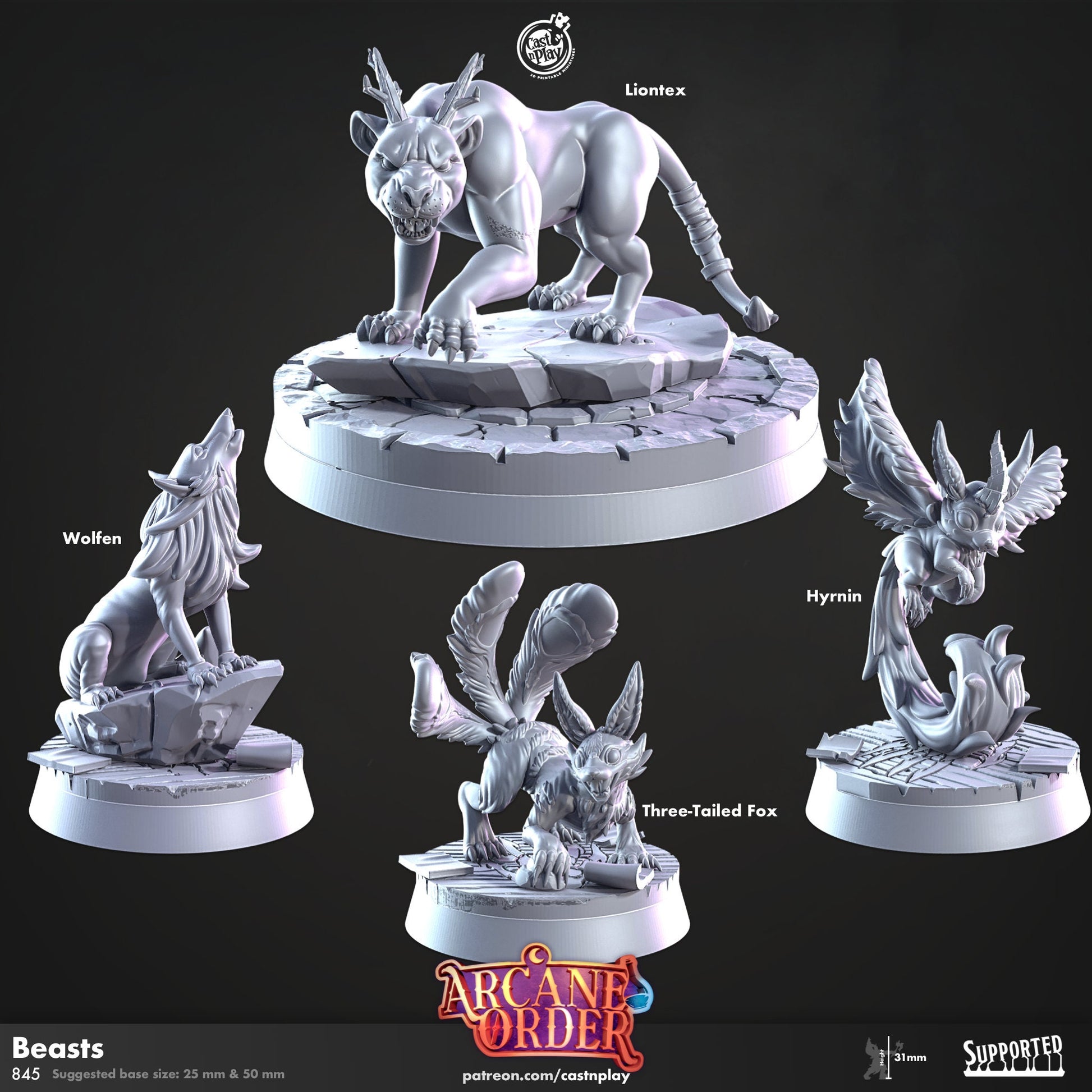 a group of statues of different animals on a black background