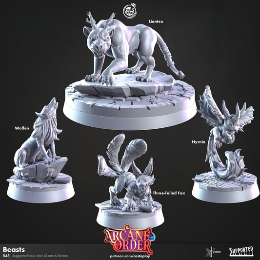 a group of statues of different animals on a black background