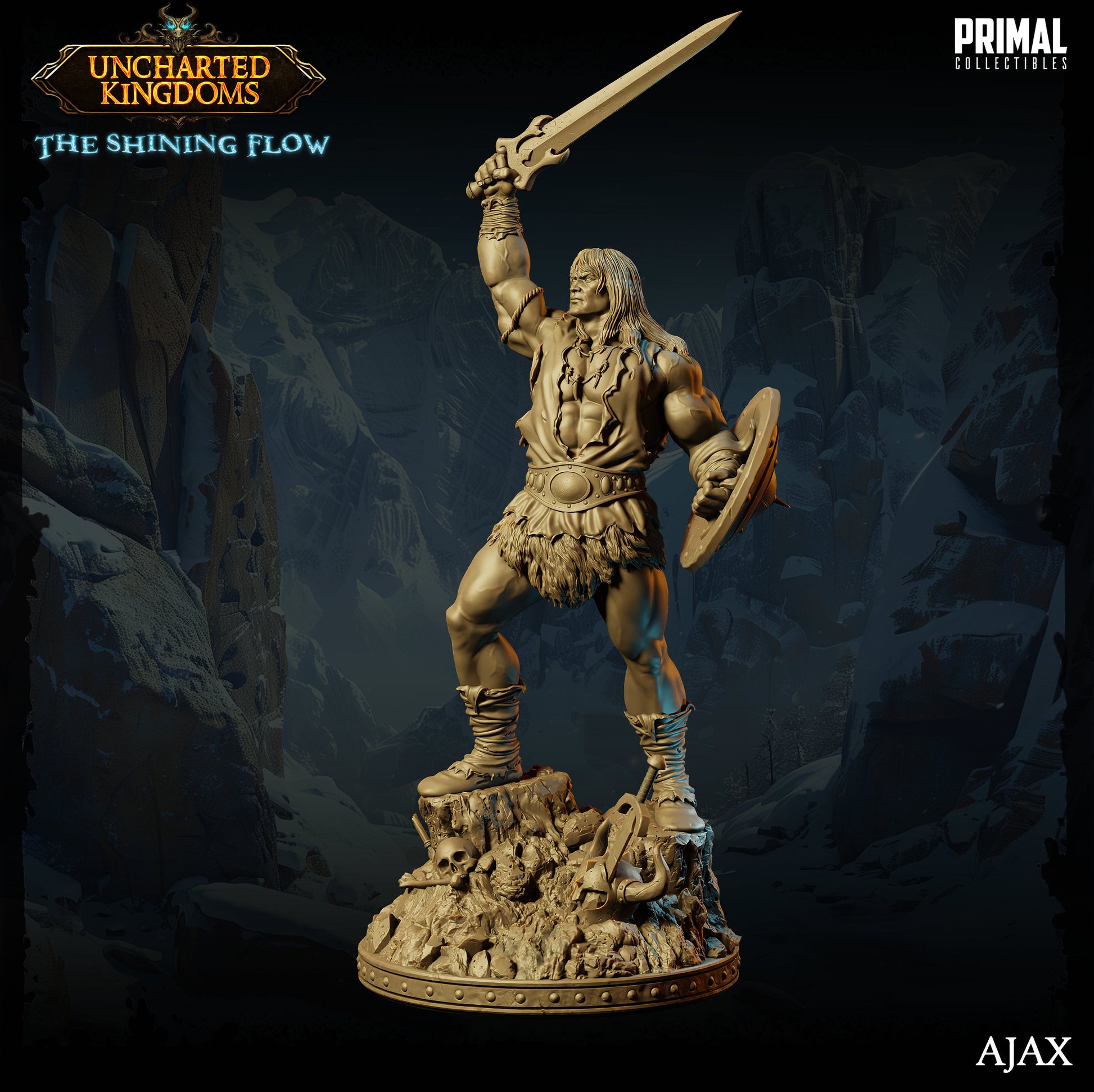 a statue of a man holding a sword and shield