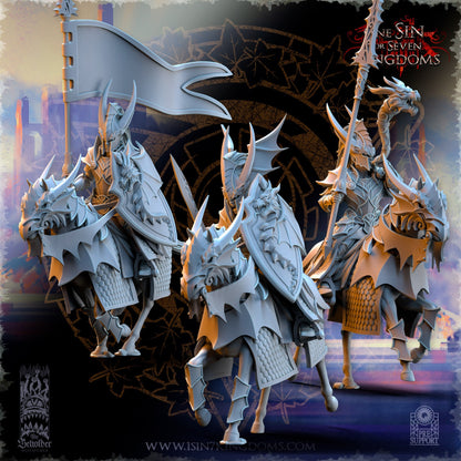 Silvermoor Elf Dragon-born Knight Command Group | The Beholder Miniatures | Compatible with D&D/AoS | Fantasy | Tabletop RPG