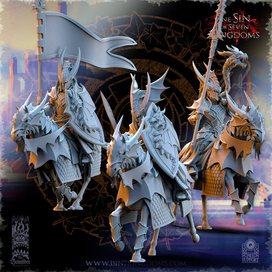 Silvermoor Elf Dragon-born Knight Command Group | The Beholder Miniatures | Compatible with D&D/AoS | Fantasy | Tabletop RPG