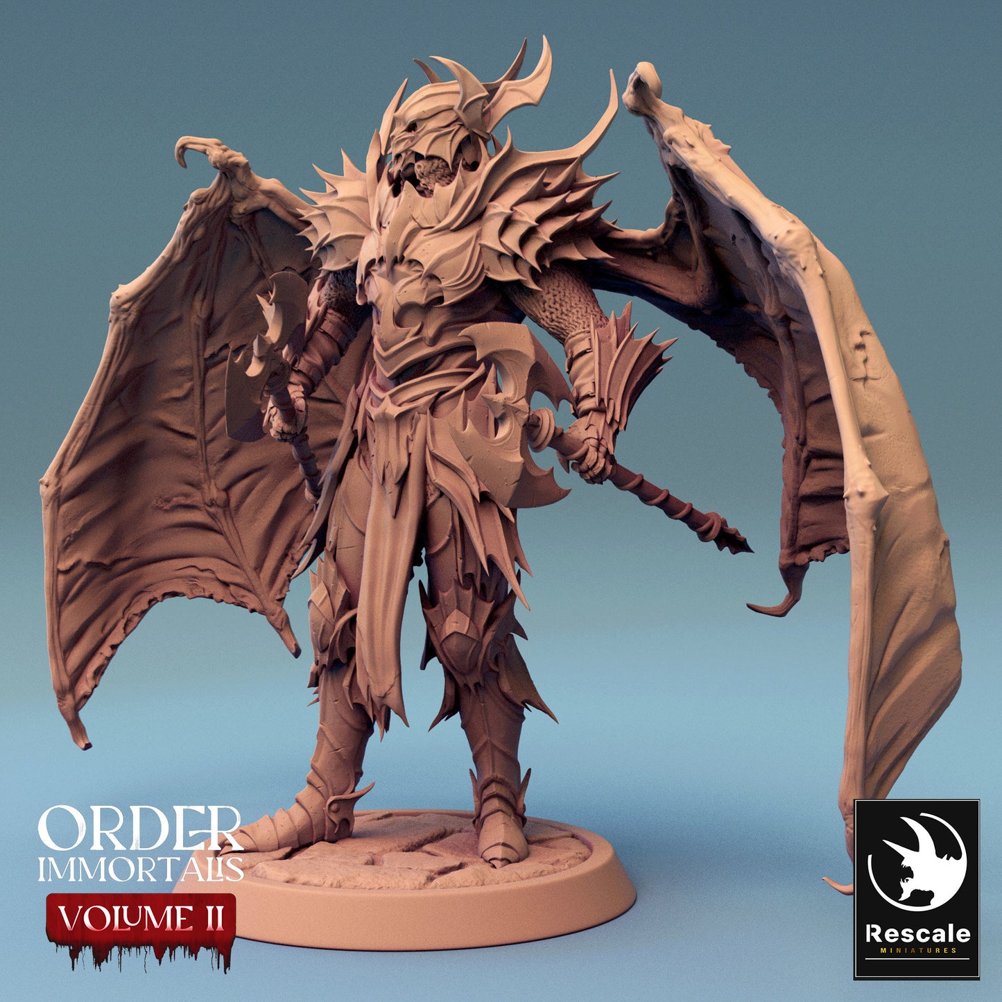 Immortalis Draven Full Armor Stand with Twin Axes and Wings | Rescale Miniatures | Compatible with D&D/AoS | Fantasy | Tabletop RPG