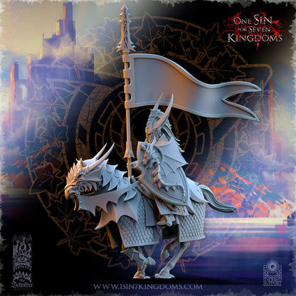 Silvermoor Elf Dragon-born Knight Command Group | The Beholder Miniatures | Compatible with D&D/AoS | Fantasy | Tabletop RPG