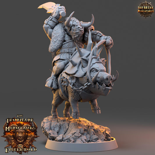 Minotaur Warrior on Boar Larnak | DayBreak Miniatures | Two Handed Weapons | Compatible with D&D/AOS | Fantasy | Tabletop RPG