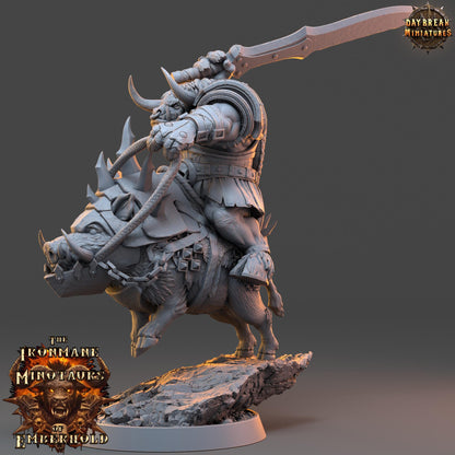 Minotaur Warrior on Boar Larnak | DayBreak Miniatures | Two Handed Weapons | Compatible with D&D/AOS | Fantasy | Tabletop RPG