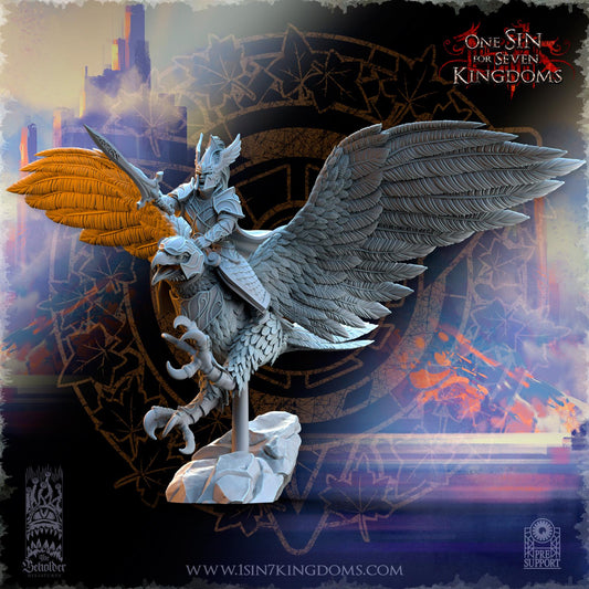SilverMoor Elf Glorindel on King Eagle with Sword | The Beholder Miniatures | Compatible with D&D/AoS | Fantasy | Tabletop RPG