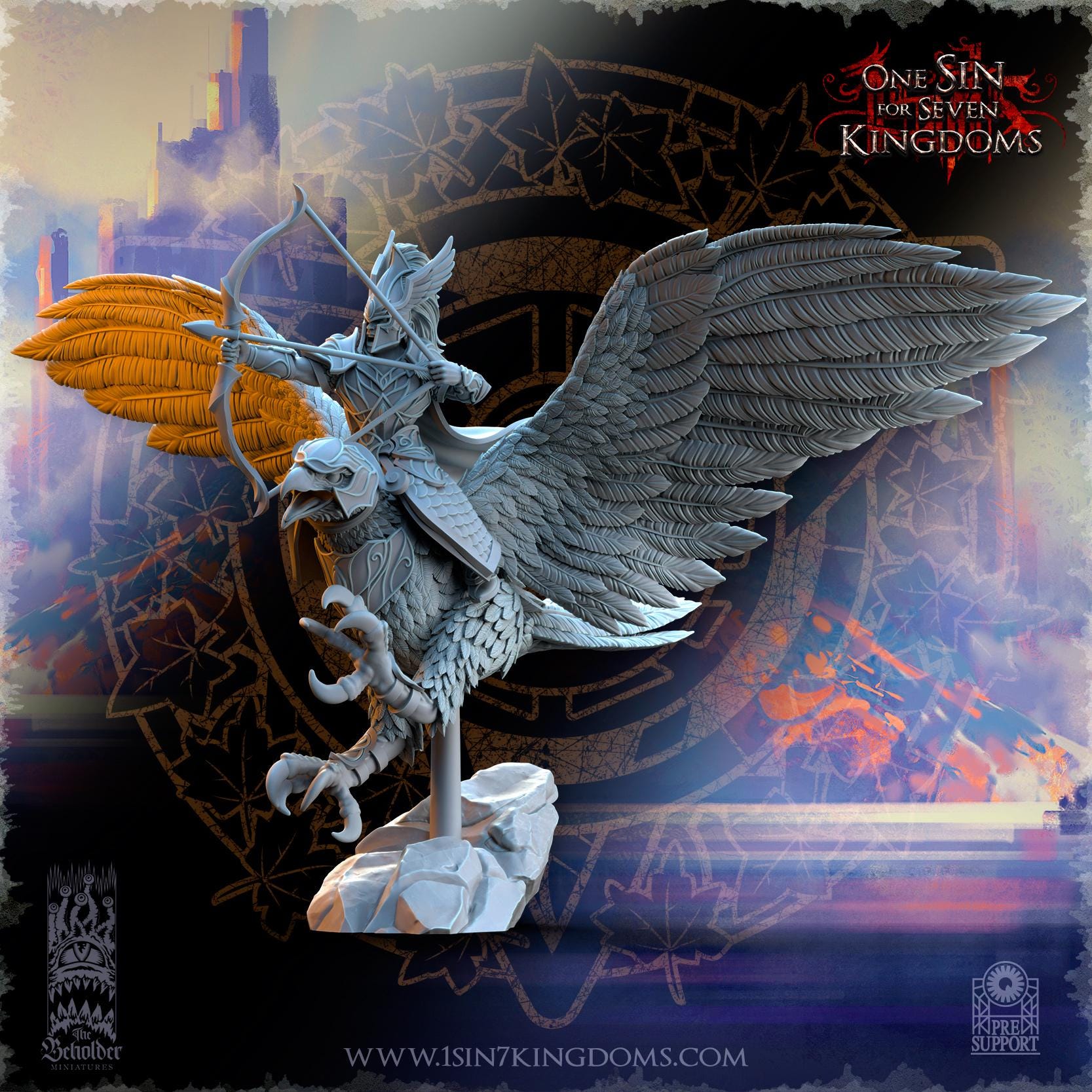 SilverMoor Elf Glorindel on King Eagle with Bow | The Beholder Miniatures | Compatible with D&D/AoS | Fantasy | Tabletop RPG