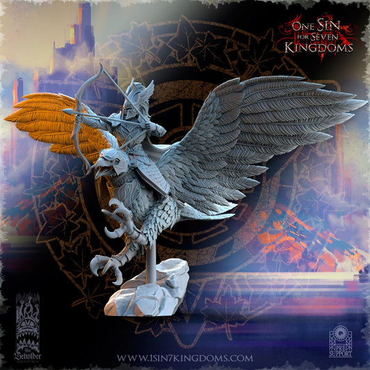 SilverMoor Elf Glorindel on King Eagle with Bow | The Beholder Miniatures | Compatible with D&D/AoS | Fantasy | Tabletop RPG