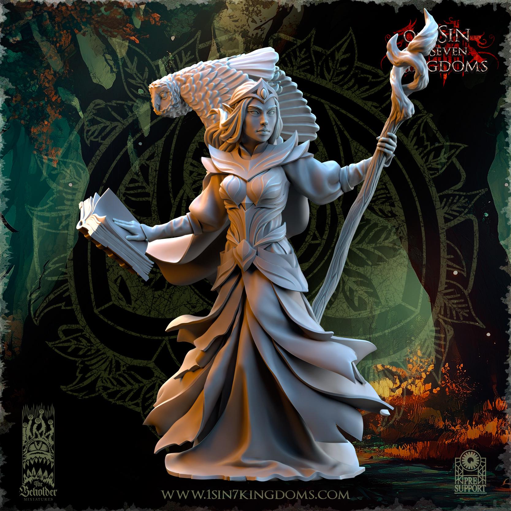 Elf Wizard Female Nuara Whisperer of Trees with Owl | The Beholder Miniatures | Compatible with D&D/AoS | Fantasy | Tabletop RPG