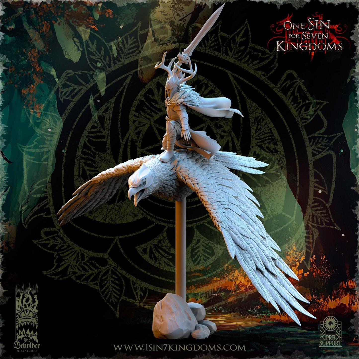 Evergreen Elves Commander Faelar on Giant Eagle | The Beholder Miniatures | Compatible with D&D/AoS | Fantasy | Tabletop RPG