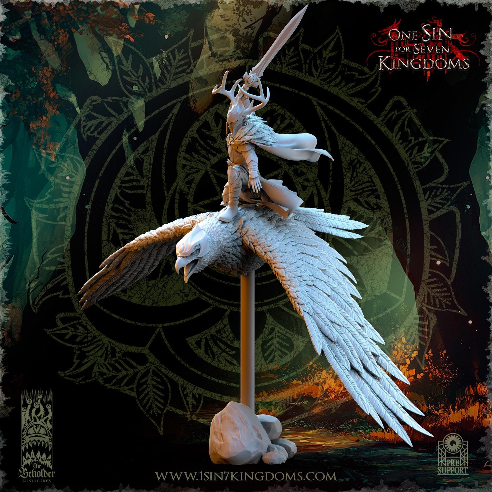 Evergreen Elves Commander Faelar on Giant Eagle | The Beholder Miniatures | Compatible with D&D/AoS | Fantasy | Tabletop RPG
