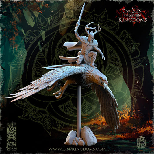 Evergreen Elves Commander Faelar on Giant Eagle | The Beholder Miniatures | Compatible with D&D/AoS | Fantasy | Tabletop RPG