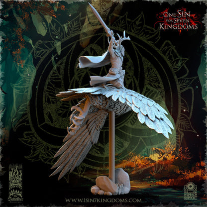 Evergreen Elves Commander Faelar on Giant Eagle | The Beholder Miniatures | Compatible with D&D/AoS | Fantasy | Tabletop RPG